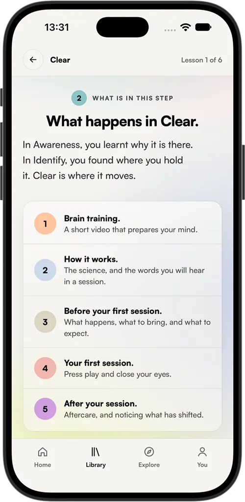 The Clear step in your account: brain training, how it works, before your first session, your first session, after your session