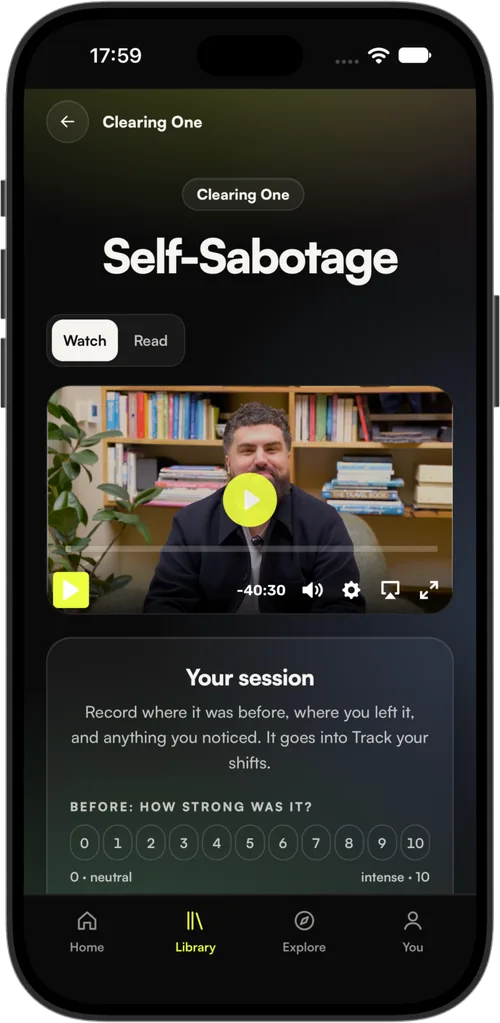 A clearing session in the expansion works app: Self-Sabotage, with the film and the before number