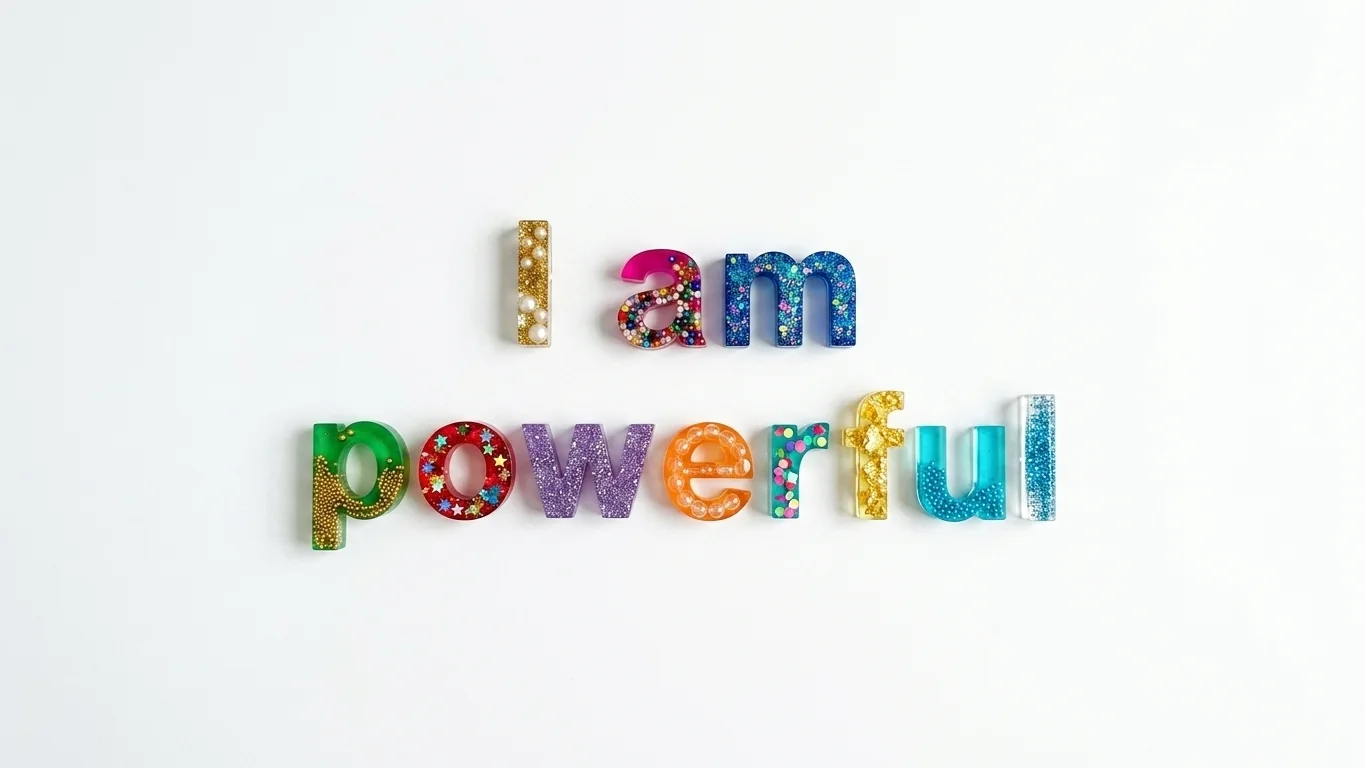 Do affirmations work: the words I AM POWERFUL glowing in blue and yellow against bright green