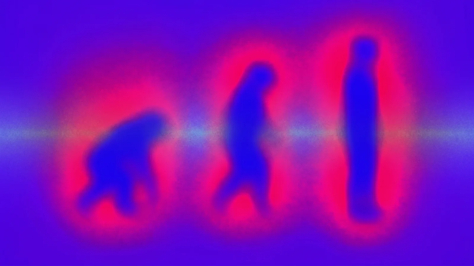 Can people really change: three glowing figures rising to standing in violet and red light