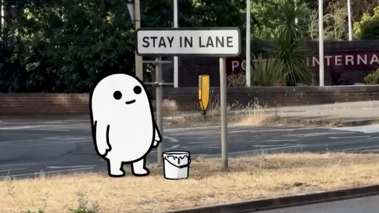 An illustrated character standing beside a Stay In Lane road sign with a bucket of paint