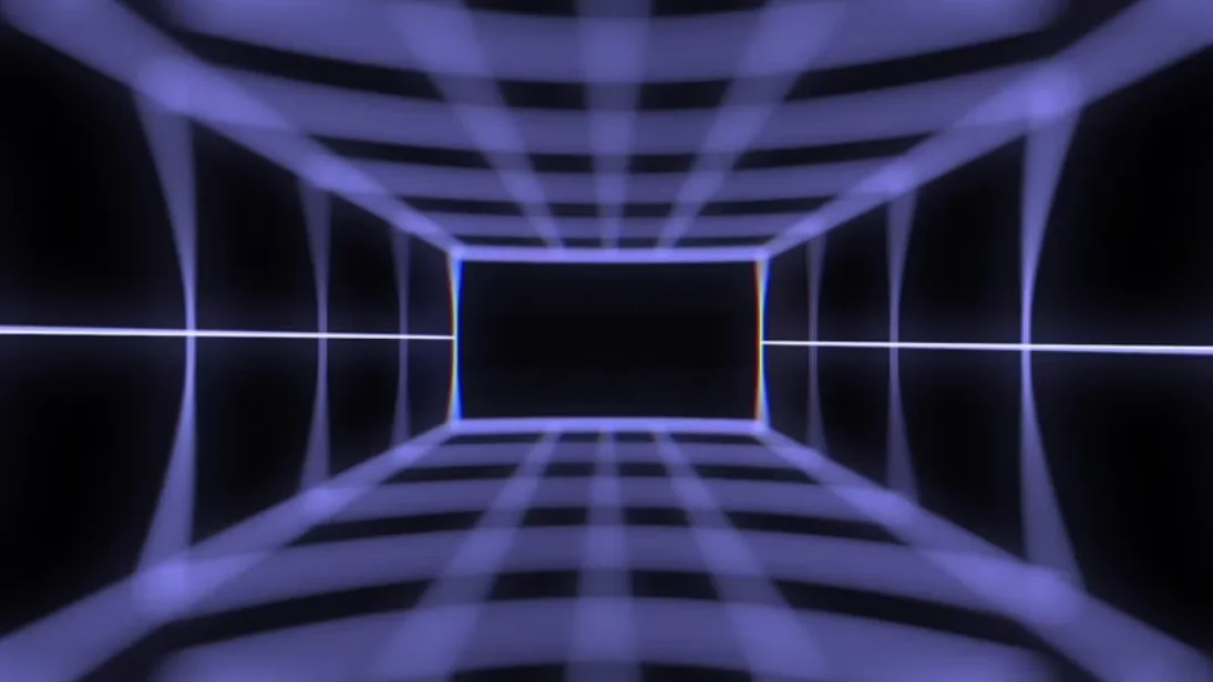 Manifesting, seen through science: a dark corridor of projected light beams forming a glowing grid
