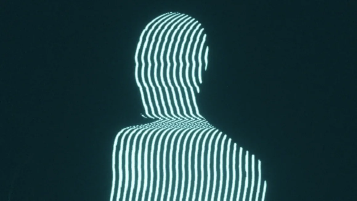 A person in silhouette, formed entirely by lines of light against the dark