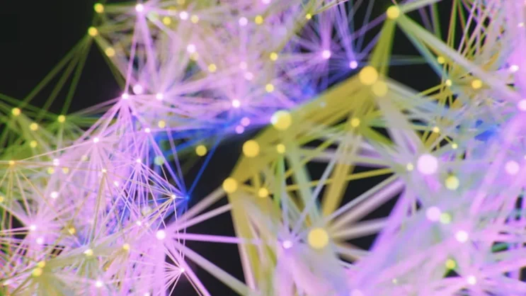 Memory reconsolidation: a glowing web of neural connections in violet and yellow light