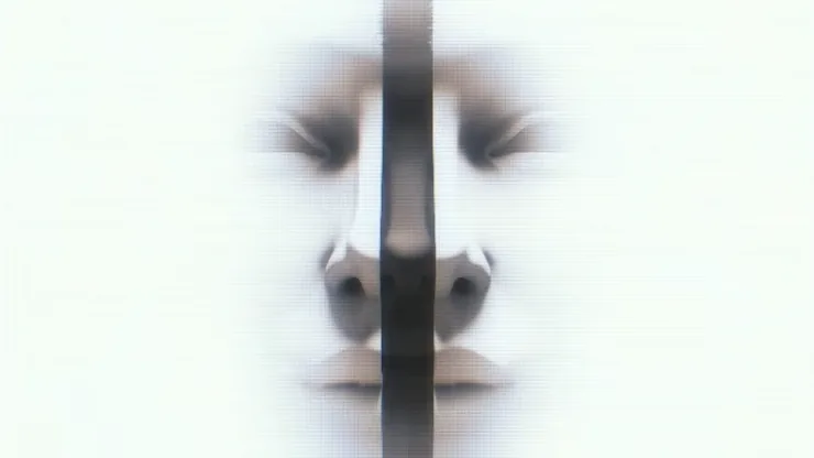 The fear of being seen: a calm face partly hidden behind a dark vertical band