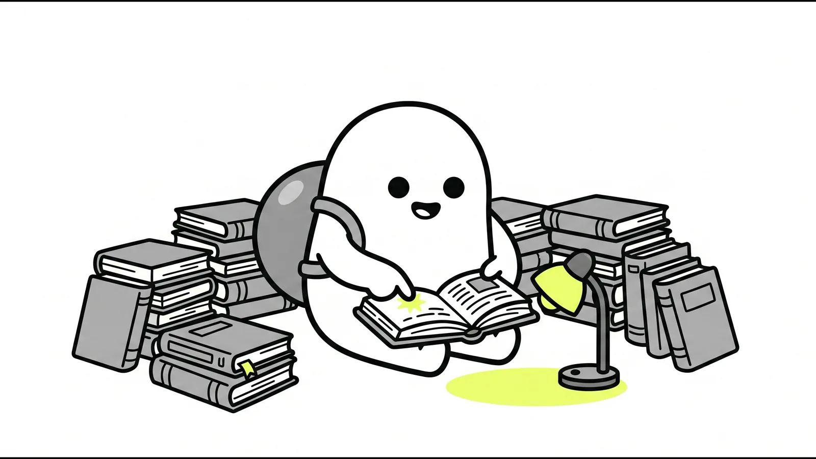 Still stuck after years of therapy: a part sitting among stacks of books it has already read, pointing at a spark on the one open page