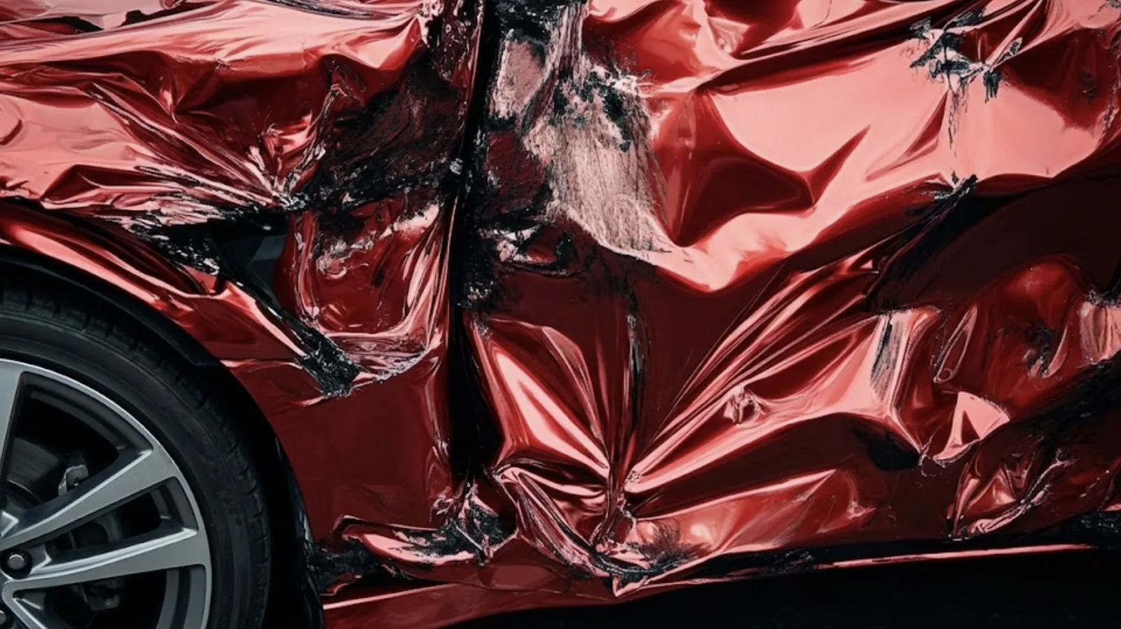 A deep dent in the red panel of a car, the impact still visible in the metal