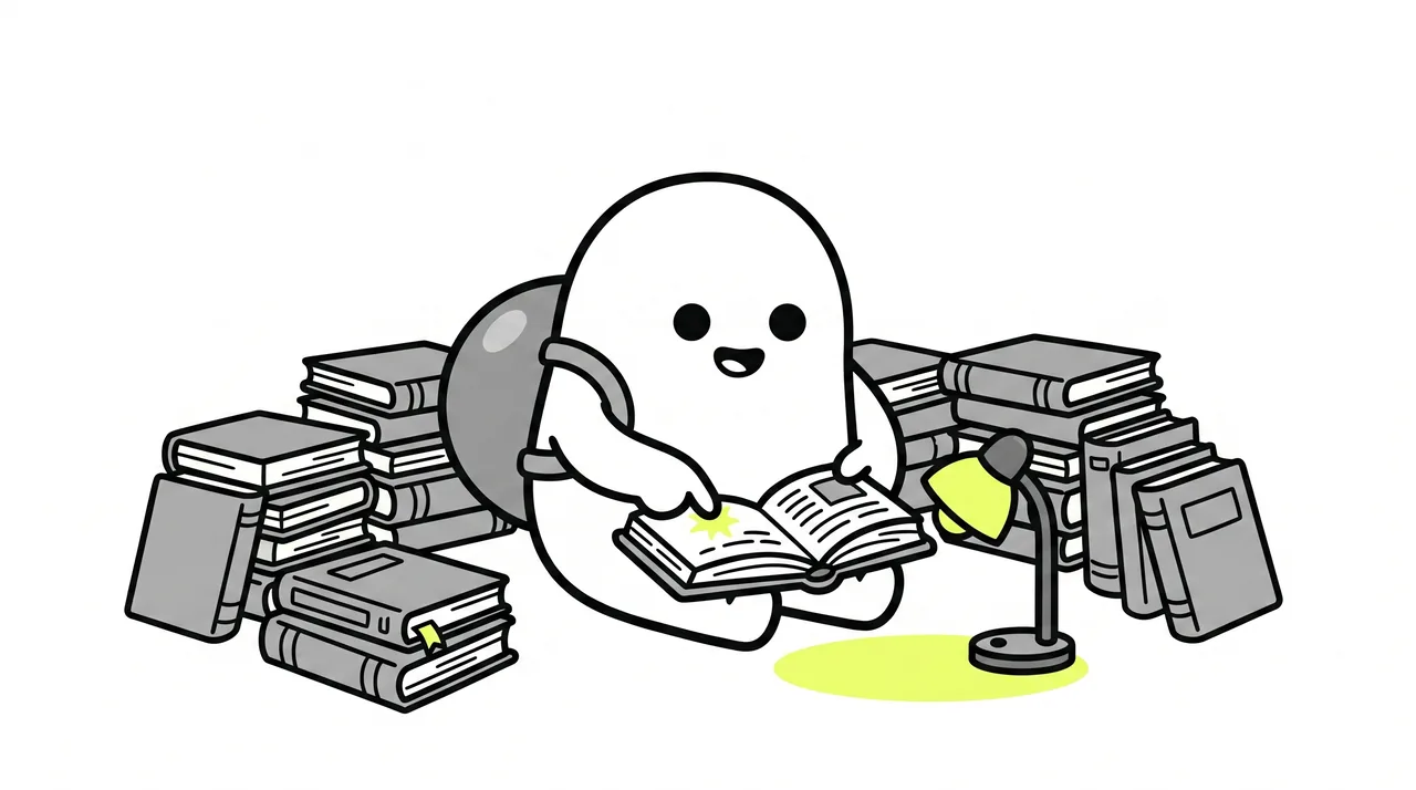 A part reading, with stacks of books on either side and a desk lamp lighting the page