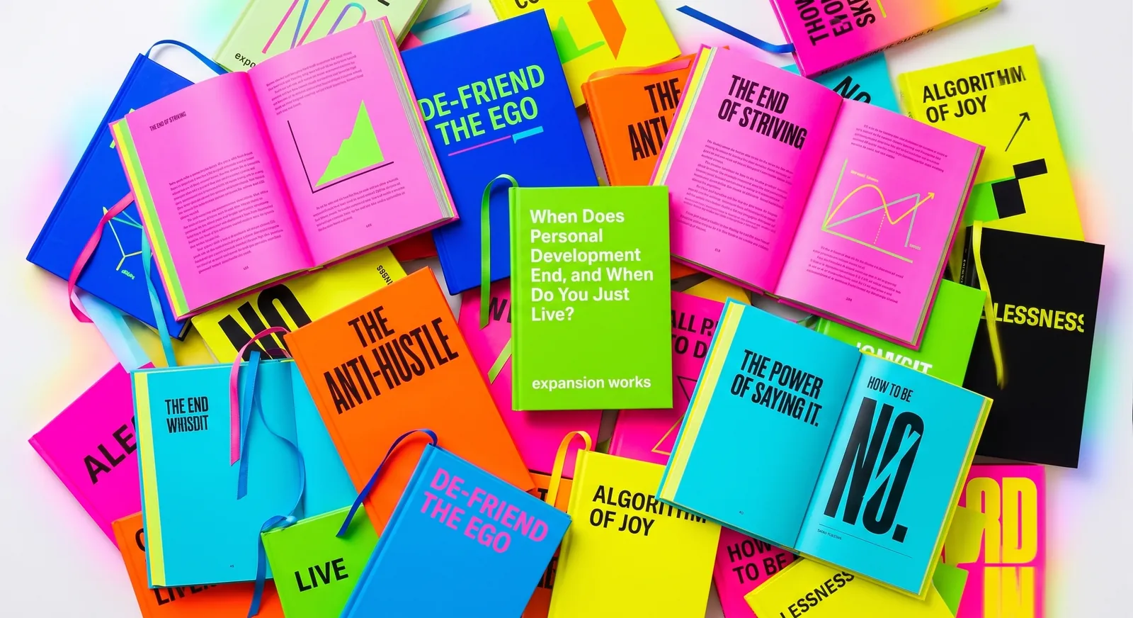 A pile of brightly coloured self-help books, some open, some closed, with one small green expansion works book sitting in the middle of them
