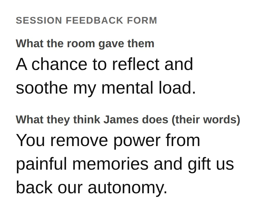From a session feedback form. What the room gave them: A chance to reflect and soothe my mental load. What they think James does: You remove power from painful memories and gift us back our autonomy.