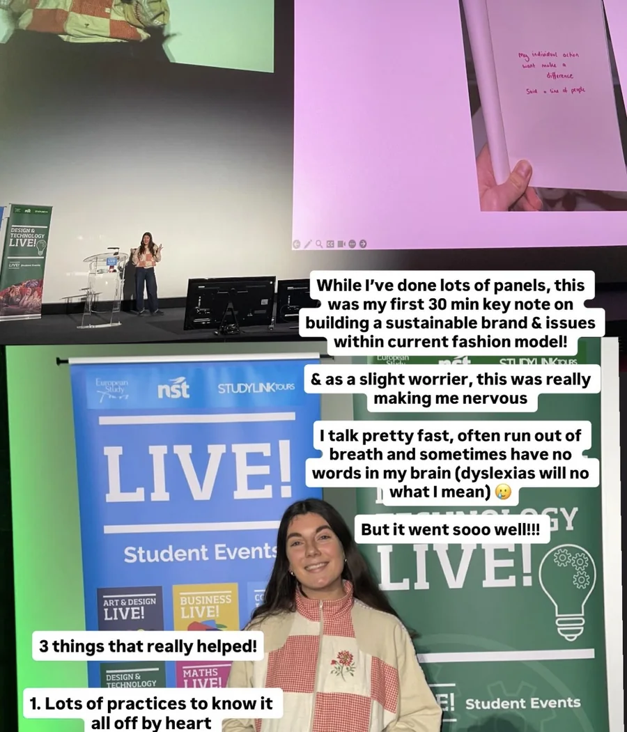 Lydia's Instagram story from her keynote, the stage and her captions: While I've done lots of panels, this was my first 30 min keynote on building a sustainable brand and issues within the current fashion model. And as a slight worrier, this was really making me nervous. I talk pretty fast, often run out of breath and sometimes have no words in my brain. But it went sooo well!!! 3 things that really helped! 1. Lots of practice to know it all off by heart.