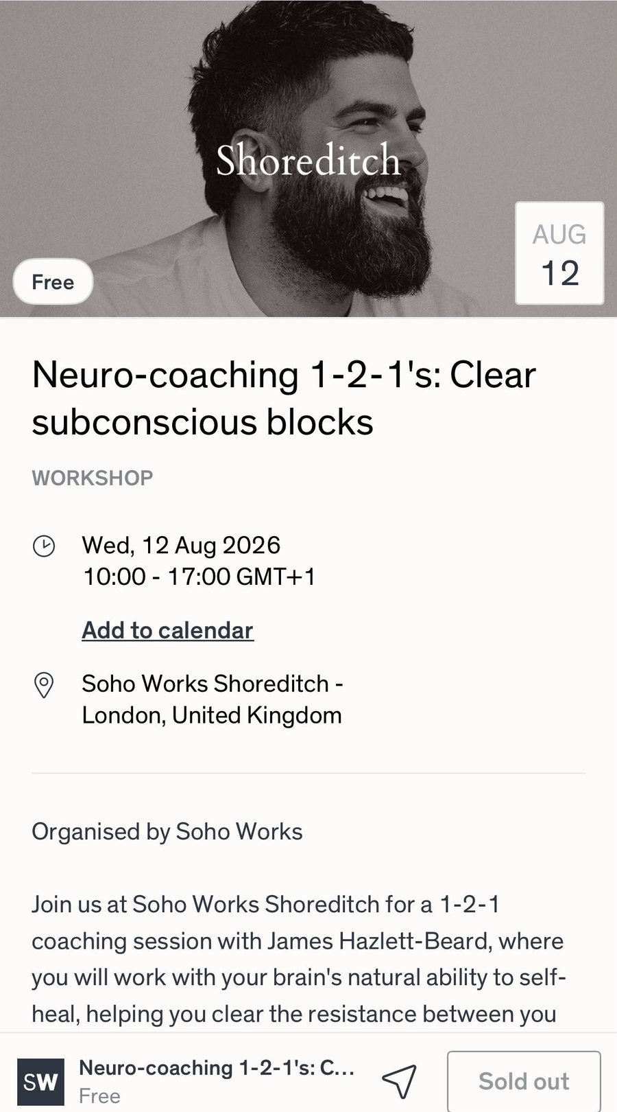 The Soho Works listing for a neurocoaching one to one workshop, marked sold out